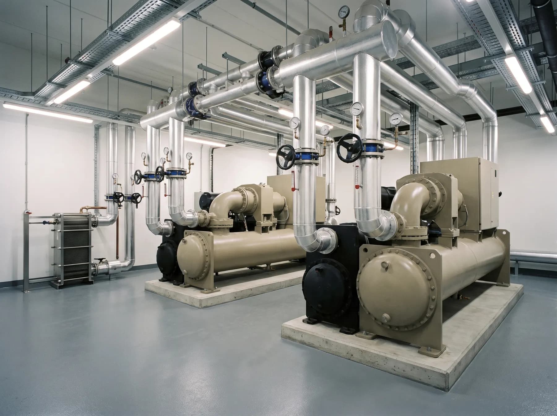 Salle de production d'eau glacée avec deux groupes froids à condensation par eau, et un échangeur à plaques de récupération de chaleur contre le mur