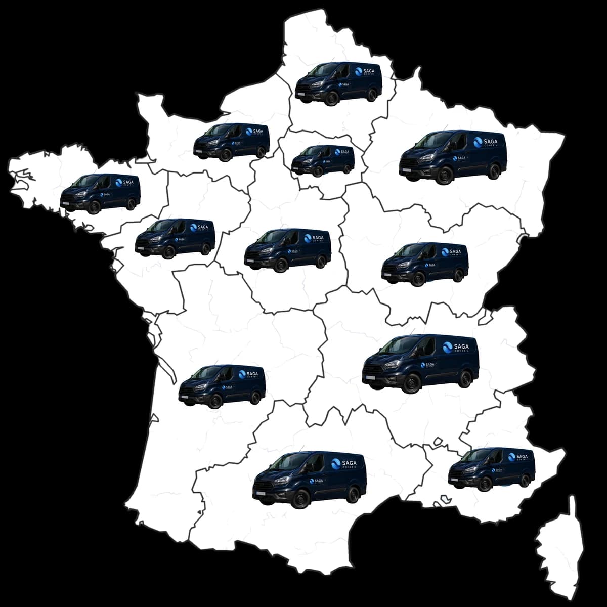 Carte de France présentant les véhicules d'intervention SAGA CONSEIL répartis sur le territoire