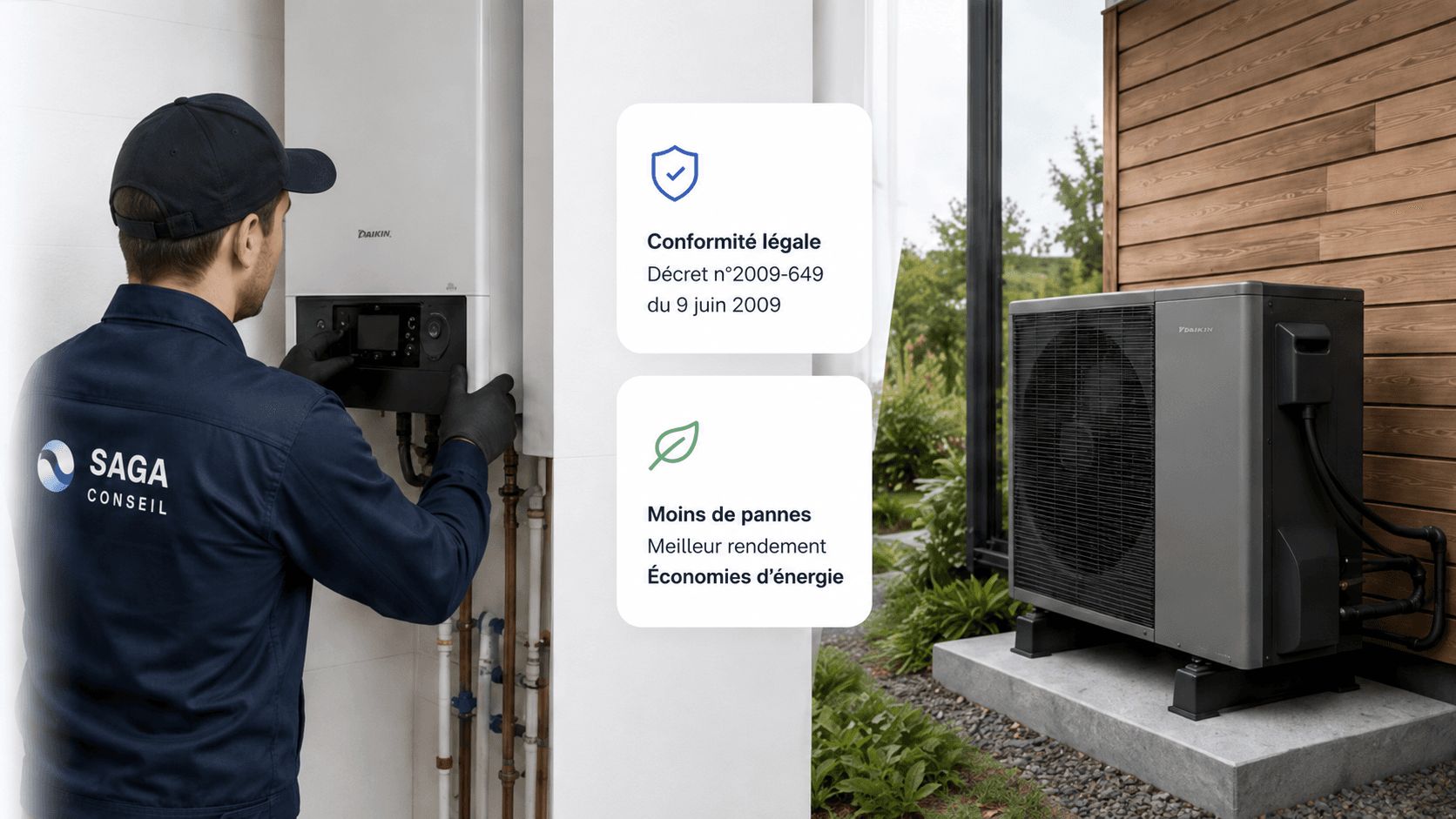 Technicien SAGA CONSEIL réglant une chaudière murale Daikin, et l'unité extérieure de la pompe à chaleur installée le long de la maison. Conformité légale : décret n° 2009-649 du 9 juin 2009. Moins de pannes : meilleur rendement, économies d'énergie.