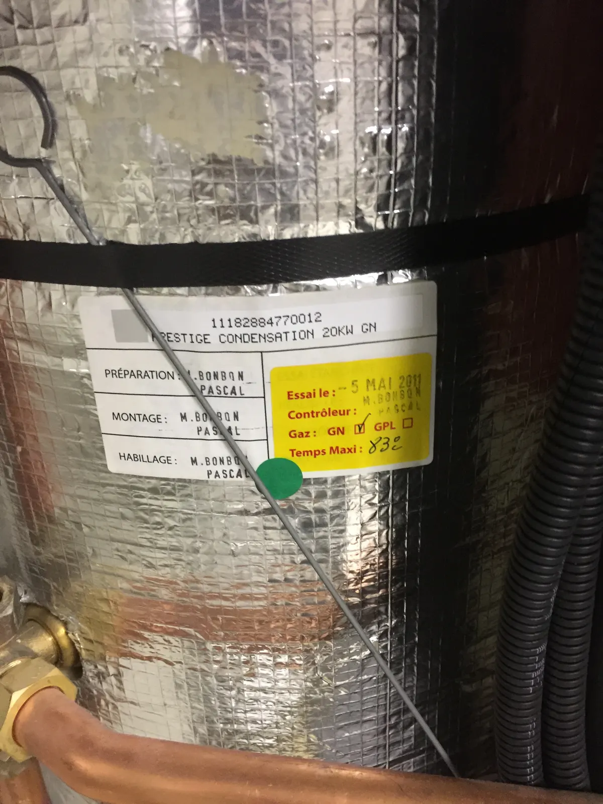 Étiquette de contrôle d'une chaudière gaz à condensation 20 kW