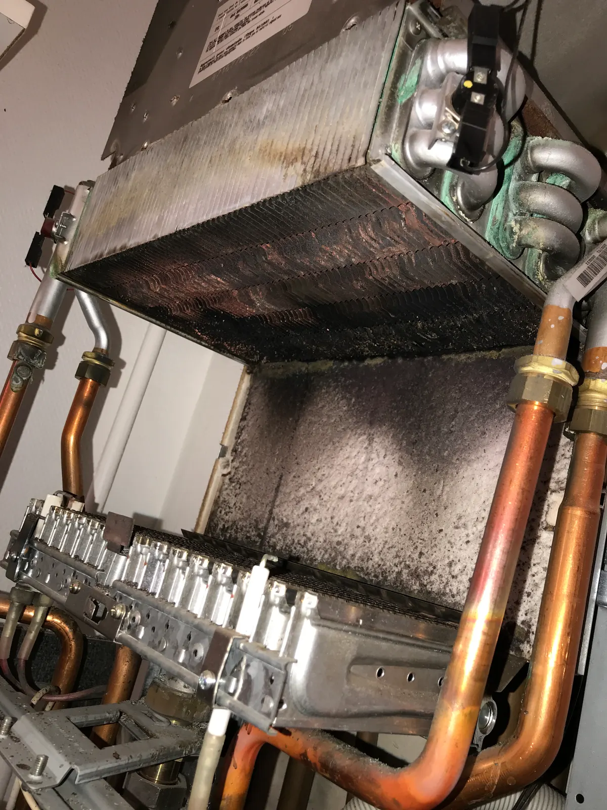 Corps de chauffe encrassé d'une chaudière gaz en entretien