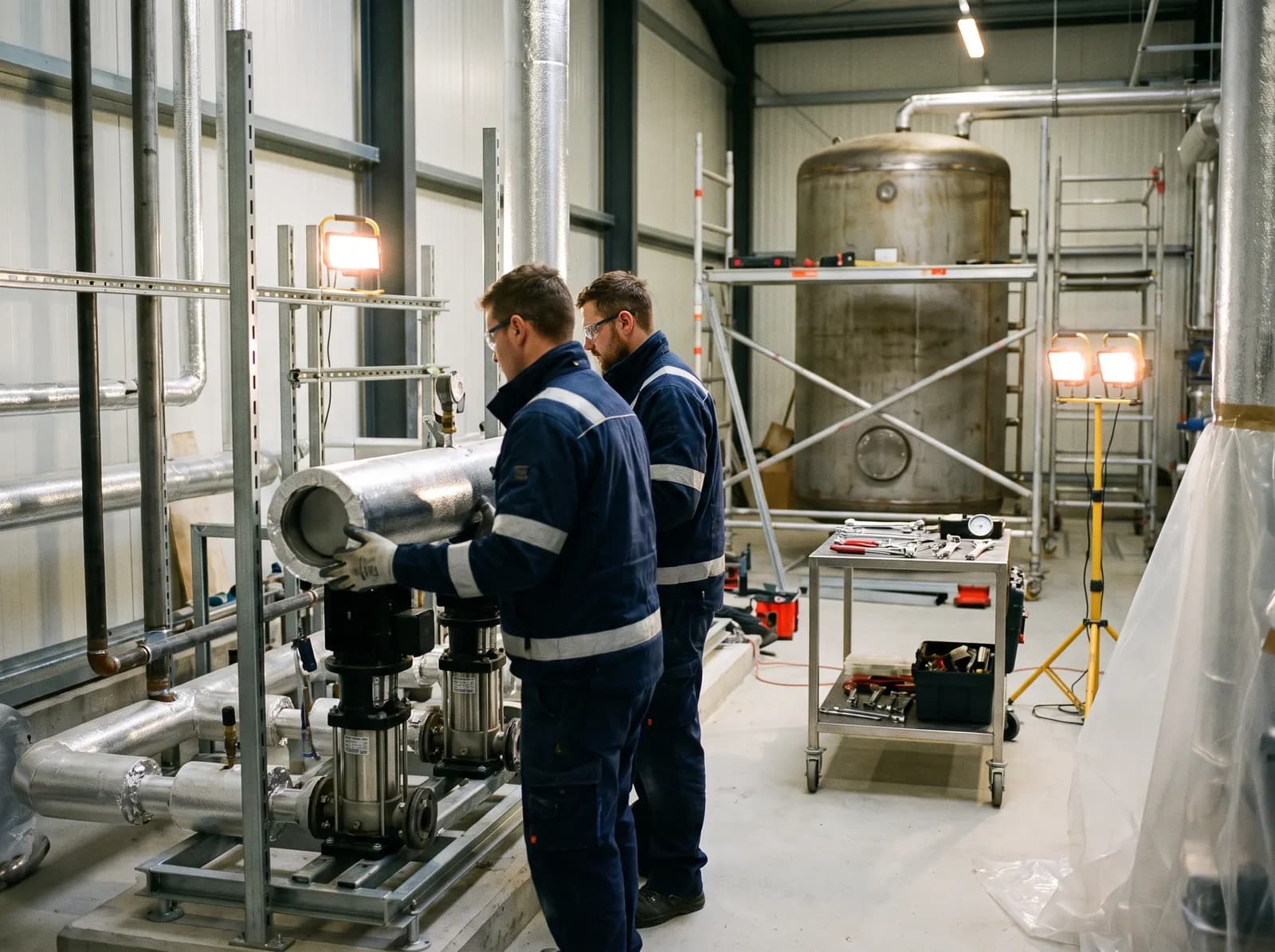 Deux techniciens en tenue de travail posent un fourreau calorifugé près d'un groupe de pompes, avec un grand ballon et un échafaudage en arrière-plan